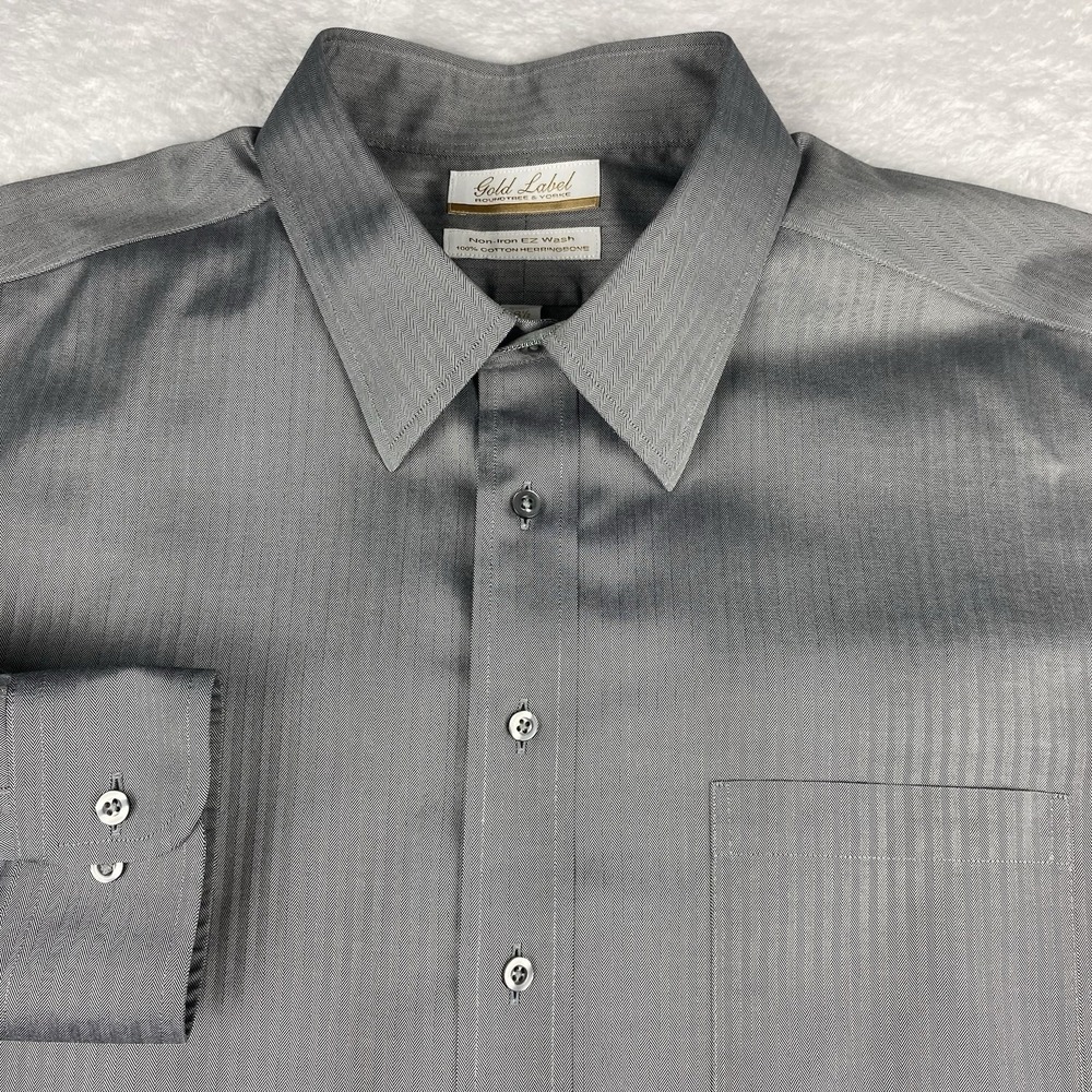 Roundtree & Yorke Gold Label Dress Shirt Mens 18.5-36/37 BIG Gray Herringbone